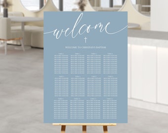 Dusty Blue Baptism Seating Plan Template, Printable Modern Christening Sign, Editable Blue Boys Table Chart, Instant Download Seating Poster