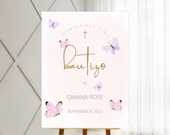 Soft Pink Purple  butterfly Editable  Welcome Sign, Printable Baptism Christening, Edit your self, Religious Spanish Girl Welcome Poster
