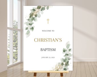 Green Eucalyptus WELCOME POSTER seating Editable Gold White Baptism / Holy Communion / Confirmation Cross Invitation welcome SIGN