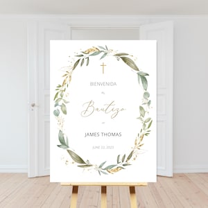 bienvenida bautizo niño para imprimir, editable christening baptism welcome sign in spanish, bienvenidos al bautizo, eucalipto verde cartel