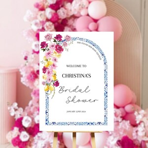 Blue Tiles Lemon Bridal Shower Welcome Sign, Pink Floral Poster, Mediterranean Bridal Shower, Italian Tile Bridal, Positano Printable Poster