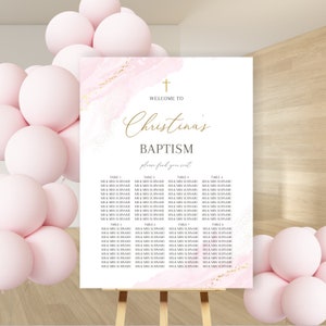 Soft Pink Gold Speckle Editable Seating Chart Sign, Printable Baptism Christening, Edit your self, Religious, DIY Printable Welcome POSTER