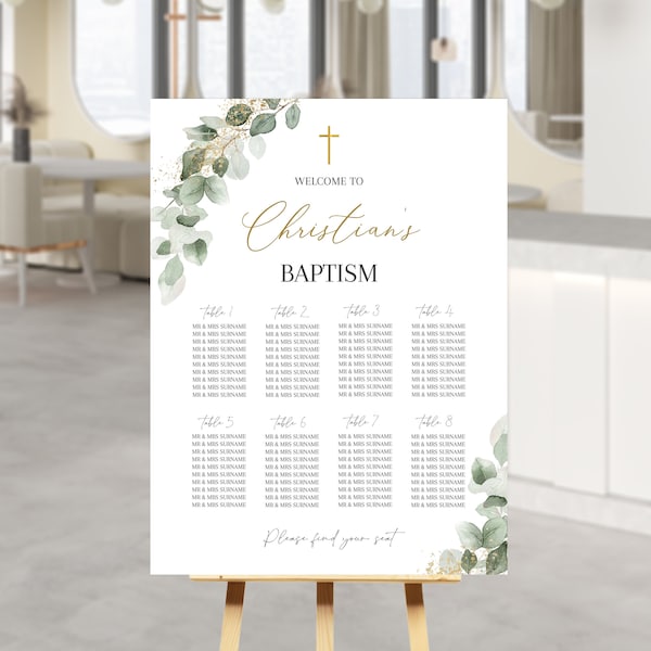 Welcome Baptism seating chart Editable template Guest list Eucalyptus seating chart poster printable Foliage Download , Christening Seating