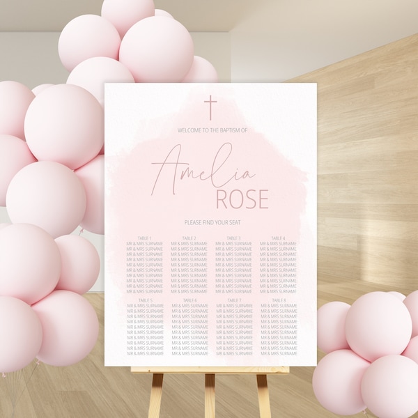 Pink gold baptism seating chart template, girl baptism welcome sign, baptism seating plan, printable pink watercolor christening sign