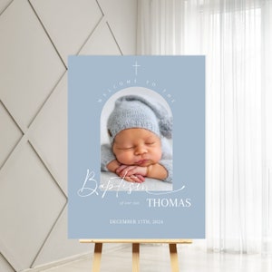 Dusty Blue Baptism Welcome Sign with photo, White Cross Dusty Blue Christening Welcome Sign, Modern Baptism Welcome Poster, Blue Baptism