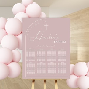Pink baptism Seating POSTER template, Pink Girl baptism welcome sign, Modern baptism seating plan, printable dusty pink christening sign