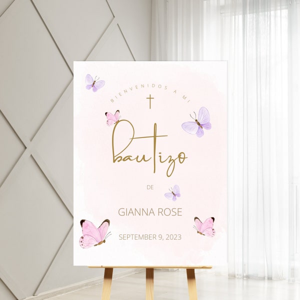 Soft Pink Purple  butterfly Editable  Welcome Sign, Printable Baptism Christening, Edit your self, Religious Spanish Girl Welcome Poster