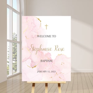 Soft Pink Gold Speckle Editable  Welcome Sign, Printable Baptism Christening, Edit your self, Religious, DIY Printable Welcome POSTER