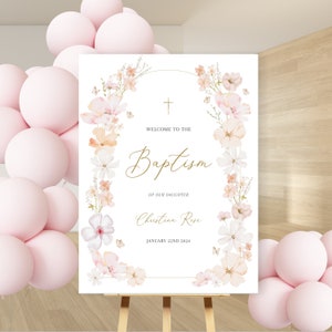 Baptism wildflower pink WELCOME POSTER, Butterfly Baptism sign, Christening welcome SIGN, Floral wild flower Pink baptism poster event decor