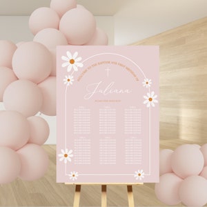 May include: A pink and white seating chart with a white daisy border. The text reads "Welcome to the Baptism and First Birthday of Juliana. Please find your seat." The chart lists tables and names.