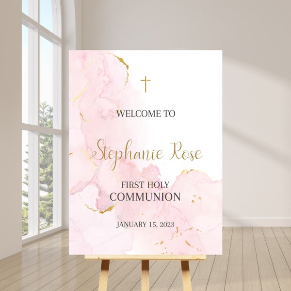 Soft Pink Gold Speckle Editable  Welcome Sign, Printable Baptism Christening, Edit your self, Holy Communion Printable Welcome POSTER