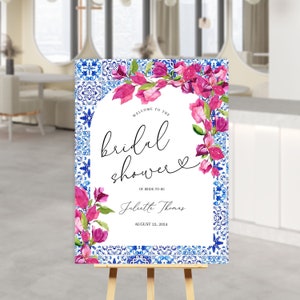 Santorini Blue Tiles Bougainvillea Welcome Poster, Blue Tiles Bridal Shower Welcome Sign, Mediterranean Bridal Shower, Italian Bridal greece