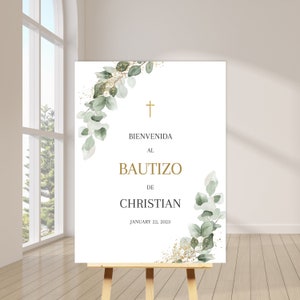 bienvenida bautizo niño para imprimir, editable christening baptism welcome sign in spanish, bienvenidos al bautizo, eucalipto verde cartel