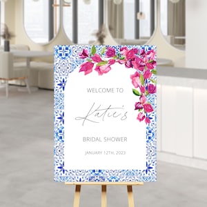 Santorini Blue Tiles Bougainvillea welcome POSTER Mediterranean Bridal Shower, Italian Tile Bridal, Positano Printable Poster, Greece blue