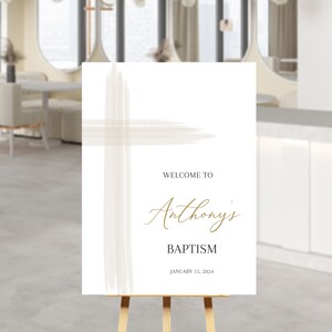 Beige WELCOME POSTER Editable watercolor beige cross White Baptism / Holy Communion / welcome SIGN, tan neutral baptism