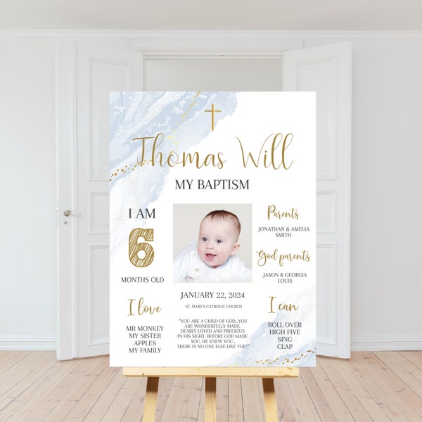 Blue Gold Baptism Chalkboard Sign, Boy Baptism Milestone, Baptism Printable, EDITABLE Personalized Baptism Gift Boy, Add Photo