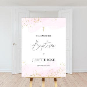 Pink and gold WELCOME POSTER, Editable Gold White Baptism sign / Christening Cross Invitation welcome SIGN, Pink baptism poster - tb1025