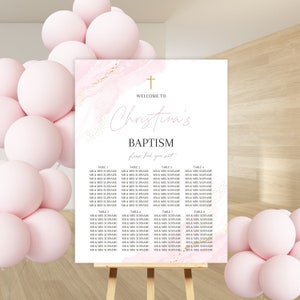 Soft Pink Gold Speckle Editable Seating Chart Sign, Printable Baptism Christening, Edit your self, Religious, DIY Printable Welcome POSTER