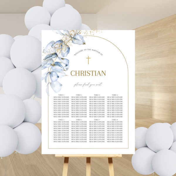 Blue WELCOME POSTER, Baptism Seating Chart / Christening Seating welcome SIGN - Blue Eucalyptus Greenery Welcome Poster