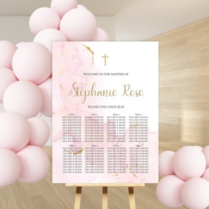 Soft Pink Gold Speckle Editable Seating Chart Sign, Printable Baptism Christening, Edit your self, Religious, DIY Printable Welcome POSTER