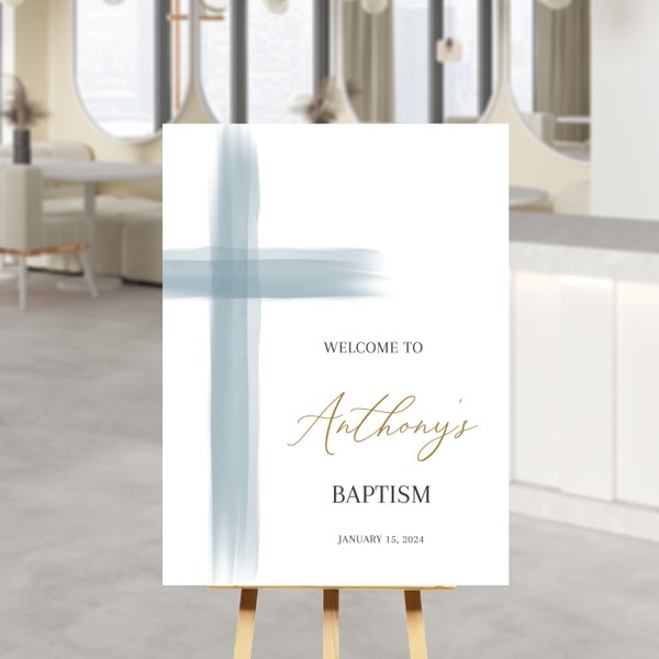 Blue WELCOME POSTER Editable watercolor blue cross White Baptism / Holy Communion / Confirmation Cross Invitation welcome SIGN