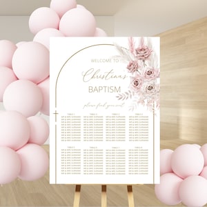 Pink baptism Seating POSTER template, Pink Girl baptism welcome sign, Boho flower baptism seating plan, printable pink christening sign