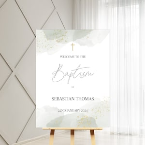 Sage Green WELCOME POSTER, Editable Gold White Baptism sign / Christening Cross Sign welcome SIGN