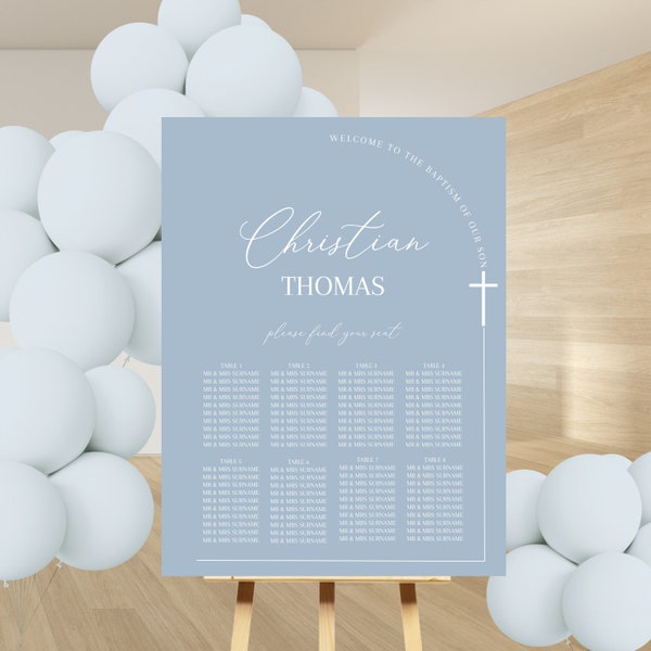 Baptism Seating Chart Template, Blue Seating Chart Download, Elegant Baptism Seating Plan Sign, Printable, Modern Find Your Seat Sign