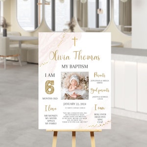 Pink Baptism Chalkboard Sign, Girl Baptism Milestone, Baptism Printable, Pink Baptism Welcome Sign with photo beige tone Pink welcome poster