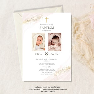 Twin baptism invitation with photo, Joint Sibling Baptism Invitation, Christening Invitation for twins, joint baptism invite for two girls