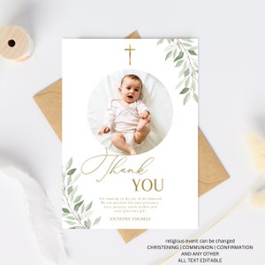 Boy Baptism PHOTO thank you card, Christening Thank you , sage green card, Boys green Thank you card, sage Thank you for celebrating baptism