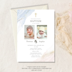 Joint Sibling Baptism Invitation, EDITABLE Communion Invite Template, Christening Invitation for twins, boy and girl, joint baptism invite