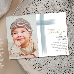 Boy Baptism PHOTO thank you card, Christening Thank you , Dusty Blue card, Boys Blue Thank you card, Blue Thank you for celebrating baptism image 1