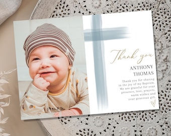 Boy Baptism PHOTO thank you card, Christening Thank you , Dusty Blue card, Boys Blue Thank you card, Blue Thank you for celebrating baptism