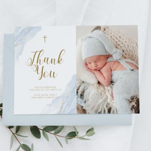 Thank you card Christening Boy, Baptism Invitation, Blue Watercolor, Gold Christening Invite, Printable Christening, digital boy invite