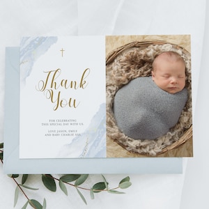 Thank you card Christening Boy, Baptism Invitation, Blue Watercolor, Gold Christening Invite, Printable Christening, digital boy invite