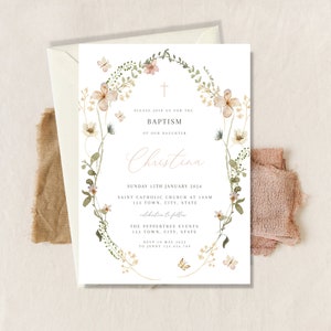 Baptism Invitation Girl, Butterfly Christening Invitation, Butterfly, Wildflower Pink Baptism, Printable Baptism Invitation, Wild Flower