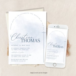 Blue baptism invitation, christening invitations , first holy communion invitation boy,  boy baptism invitation ,  confirmation invitation