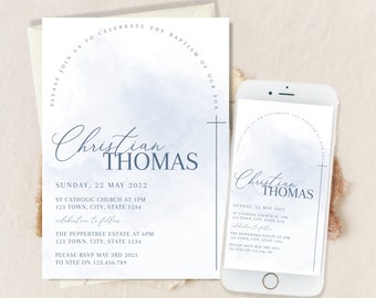 Blue baptism invitation, christening invitations , first holy communion invitation boy,  boy baptism invitation ,  confirmation invitation