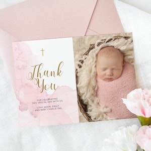 Thank you card Christening Girl, Baptism Invitation, Pink Watercolor, Gold Christening Invite, Printable Christening, digital girl thank you