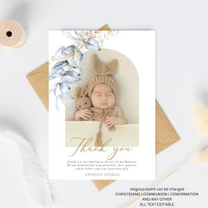 Boy Baptism PHOTO thank you card, Christening Thank you , Dusty Blue card, Boys Blue Thank you card, Blue Thank you for celebrating baptism