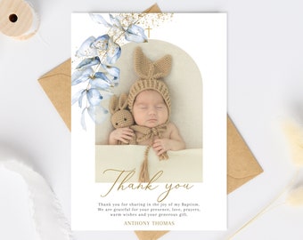 Boy Baptism PHOTO thank you card, Christening Thank you , Dusty Blue card, Boys Blue Thank you card, Blue Thank you for celebrating baptism