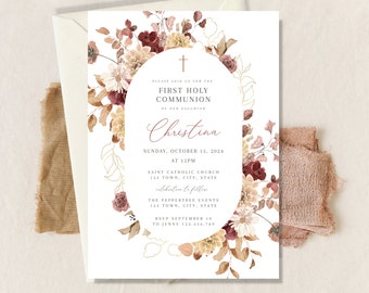 May include: A white invitation with a floral border in shades of pink, red, and brown. The text reads "Please join us for the First Holy Communion of our daughter Christina. Sunday, October 15, 2024 at 12pm. Saint Catholic Church 123 Town, City, State. Celebration to follow. The Peppertree Events 123 Town, City, State. RSVP September 10 to Jenny 123.456.789."