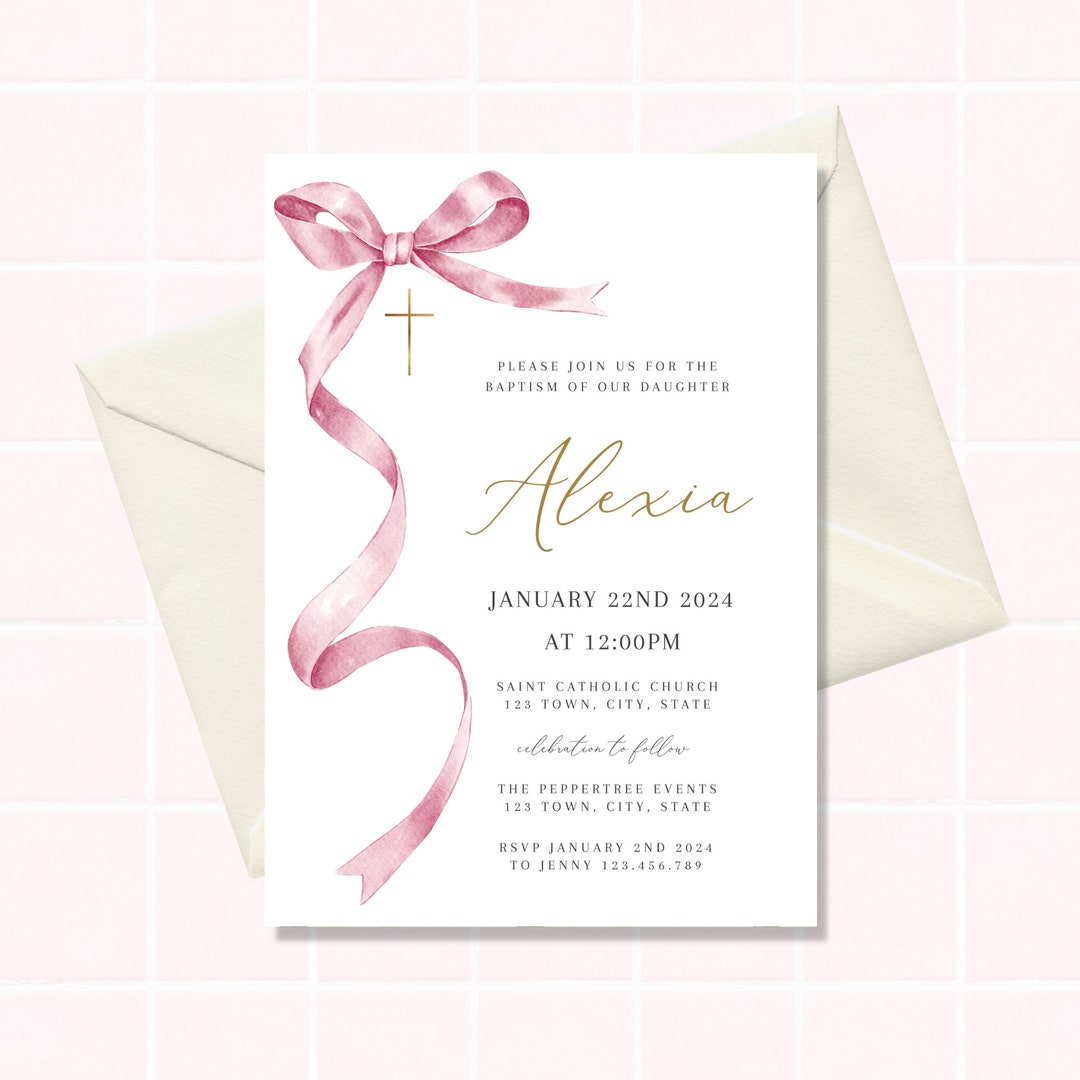 Pink Baptism Invitation Girl, Girl Christening Invitation Template