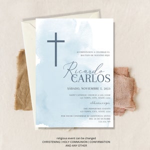 Invitacion de Bautizo, Bautizo Invitation In Spanish, Invitaciones Bautizo, Classic Baptism, Mi Bautizo, Religious Invitation, Blue Invite