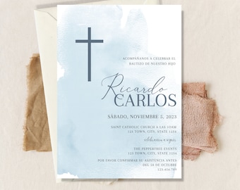 May include: A light blue watercolor background with a cross and the text "Ricardo Carlos" in cursive. The text "Sábado, Noviembre 5, 2023" is below the name, followed by the text "Saint Catholic Church a las 10am" and "123 Town, City, State 1234". The text "Celebración a seguir" is below that, followed by "The Peppertree Events" and "123 Town, City, State 1234". The text "Por favor confirmar su asistencia antes del 28 de Octubre" is below that, followed by "123.456.789". The text "Religious event can be changed" is at the bottom of the page, followed by "Christening | Holy Communion | Confirmation and any other".