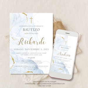 Invitacion de Bautizo, Bautizo Invitation In Spanish, Invitaciones Bautizo, Classic Baptism, Mi Bautizo, Religious Invitation, Blue Evite