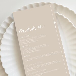 May include: A beige menu with white text. The menu lists appetisers, entrees, and main courses. The menu includes a selection of quality premium meats, Mediterranean vegetables, and the finest Italian cheeses.