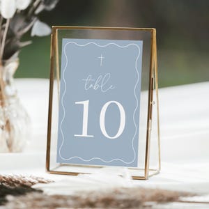 Dusty Blue Modern Printable Table Number , simple number, table decorations DIY Printable , Digital Editable Baptism blue wave table number