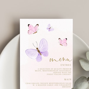 Butterfly Menu Template add Guest Names, Modern Wedding Place Card Dinner Menu,  Printable, Digital Download, Editable pink butterfly menu